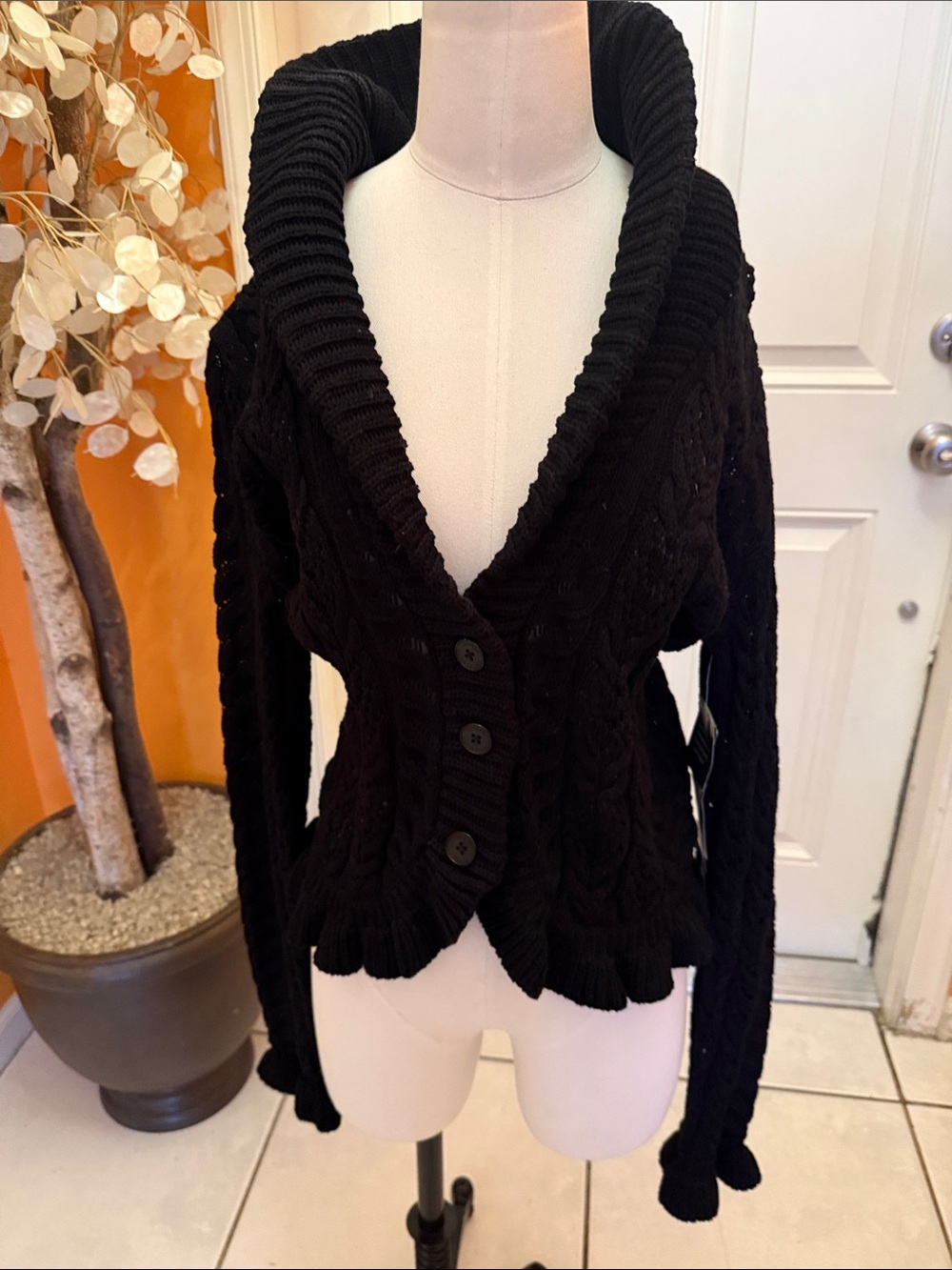 Lauren Ralph Lauren Black Cable-Knit Shawl Collar Cardigan with Ruffle Trim